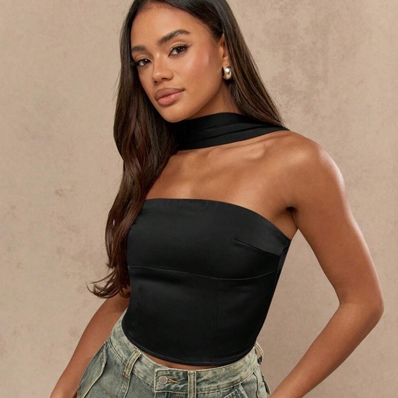 Missguided Tops - Missguided Satin Bandeau Tie Neck Corset Top | Size Small